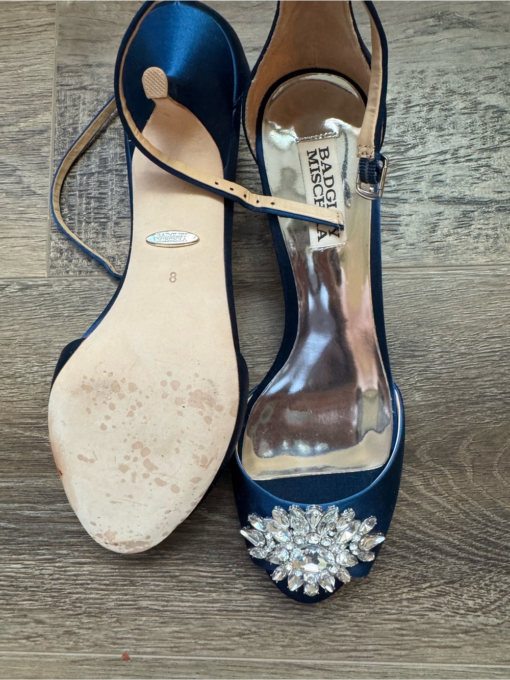 Badgley Mischka Navy Satin Gem-Embellished Open-Toe Heels - Picture 4 of 5
